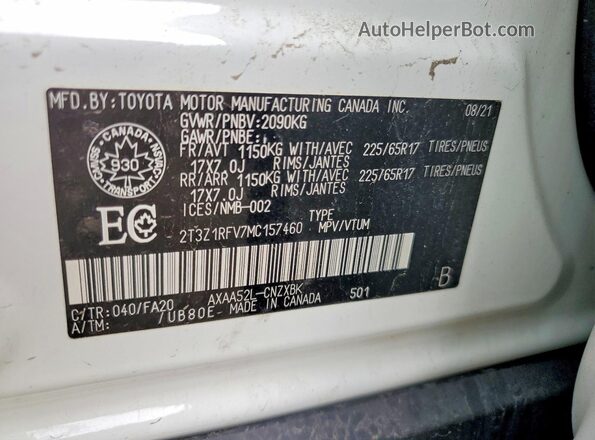 2T3Z1RFV7MC157460 2021 TOYOTA RAV4 White VIN sticker view