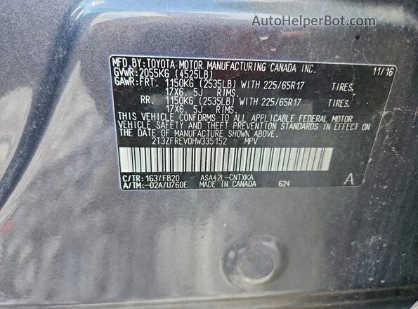 2T3ZFREV0HW335152 2017 TOYOTA RAV4 Gray Widok naklejki z numerem VIN