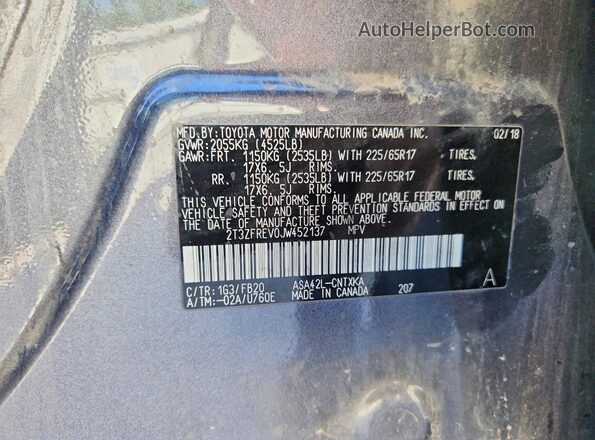 2T3ZFREV0JW452137 2018 TOYOTA RAV4 Gray VIN sticker view