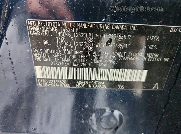 2T3ZFREV1HW362909 2017 TOYOTA RAV4 Синий Вид наклейки с VIN-кодом