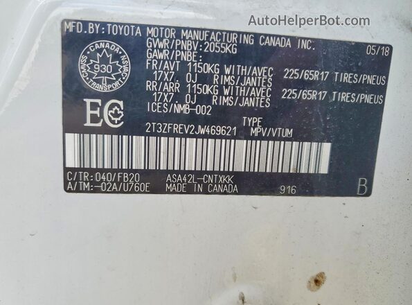 2T3ZFREV2JW469621 2018 TOYOTA RAV4 White VIN კოდის სტიკერის ხედი