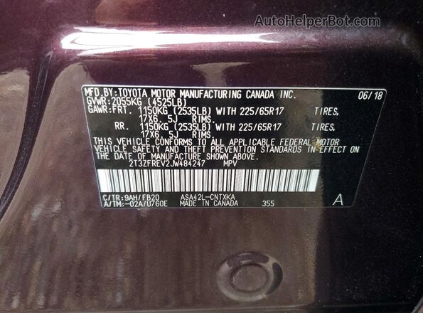 2T3ZFREV2JW484247 2018 TOYOTA RAV4 Burgundy Widok naklejki z numerem VIN