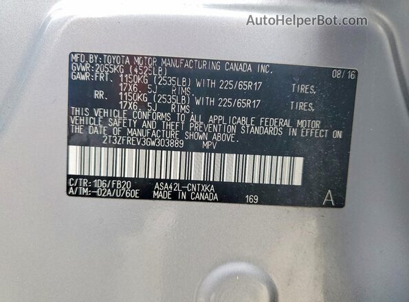 2T3ZFREV3GW303889 2016 TOYOTA RAV4 Silver VIN კოდის სტიკერის ხედი