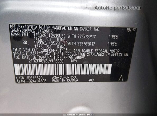 2T3ZFREV3JW416880 2018 TOYOTA RAV4 Silver ძრავის განყოფილების ხედი