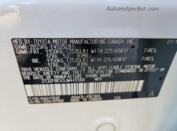 2T3ZFREV3JW445568 2018 TOYOTA RAV4 White Панорамний вид салону 360°