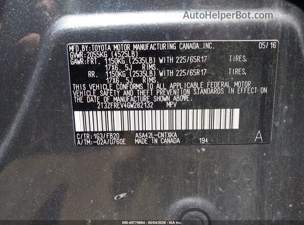 2T3ZFREV4GW282132 2016 TOYOTA RAV4 Gray Widok komory silnika