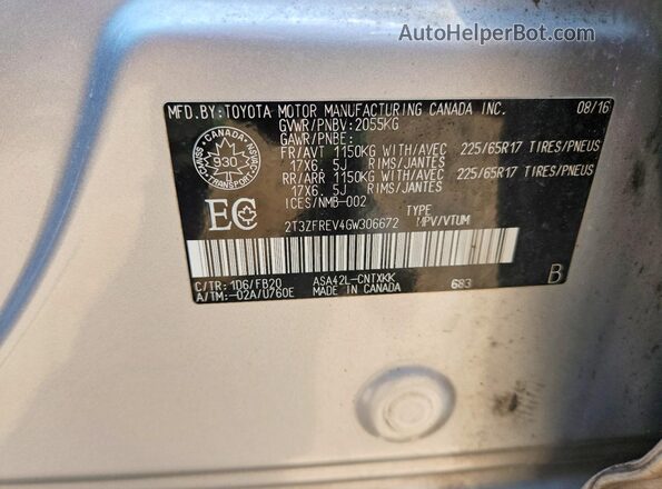 2T3ZFREV4GW306672 2016 TOYOTA RAV4 Silver Widok naklejki z numerem VIN