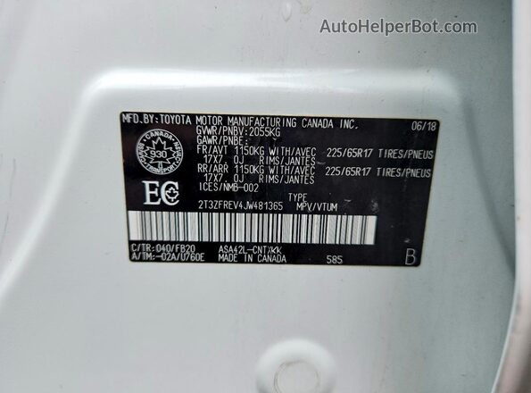 2T3ZFREV4JW481365 2018 TOYOTA RAV4 White VIN sticker view