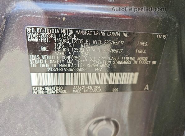 2T3ZFREV5GW235059 2016 TOYOTA RAV4 Gray Widok naklejki z numerem VIN