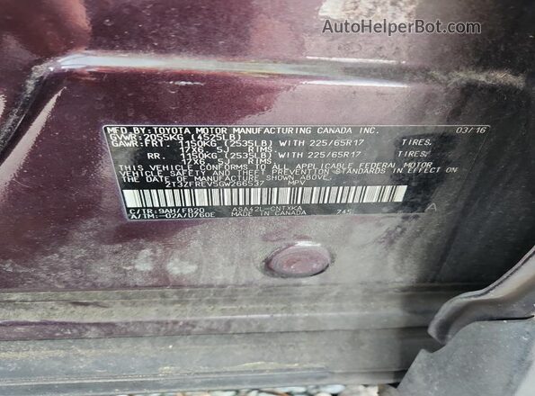 2T3ZFREV5GW266537 2016 TOYOTA RAV4 Фиолетовый Вид наклейки с VIN-кодом