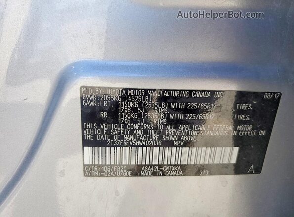 2T3ZFREV5HW402036 2017 TOYOTA RAV4 Silver Շարժիչի բաժամունքի տեսք