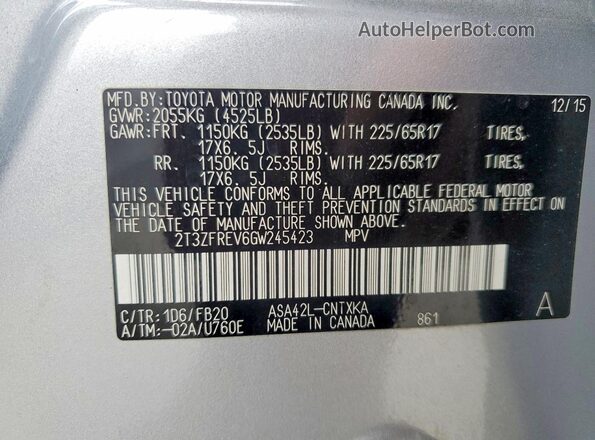 2T3ZFREV6GW245423 2016 TOYOTA RAV4 Gray VIN კოდის სტიკერის ხედი