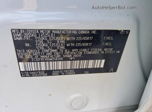 2T3ZFREV6GW258348 2016 TOYOTA RAV4 White VIN sticker view