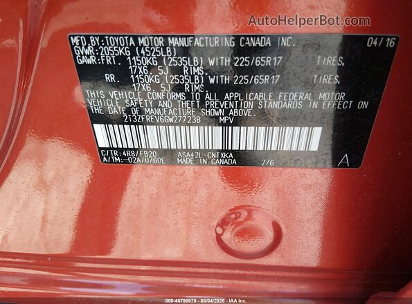 2T3ZFREV6GW277238 2016 TOYOTA RAV4 Orange Շարժիչի բաժամունքի տեսք