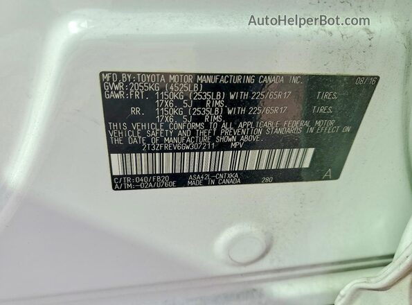 2T3ZFREV6GW307211 2016 TOYOTA RAV4 White VIN կոդի պիտակի տեսք