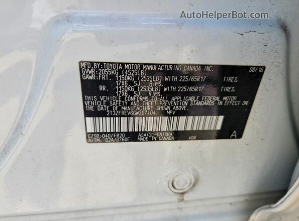 2T3ZFREV6GW307404 2016 TOYOTA RAV4 White Սալոնի 360 աստիճան տեսք