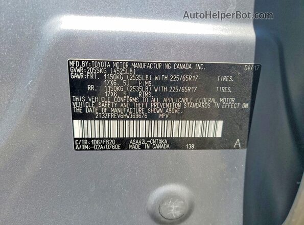 2T3ZFREV6HW369676 2017 TOYOTA RAV4 Серебряный Вид наклейки с VIN-кодом