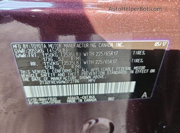 2T3ZFREV6HW372786 2017 TOYOTA RAV4 Burgundy Vista interior de 360 grados