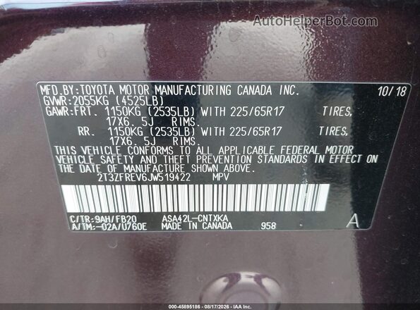 2T3ZFREV6JW519422 2018 TOYOTA RAV4 Burgundy Вид підкапотного простору
