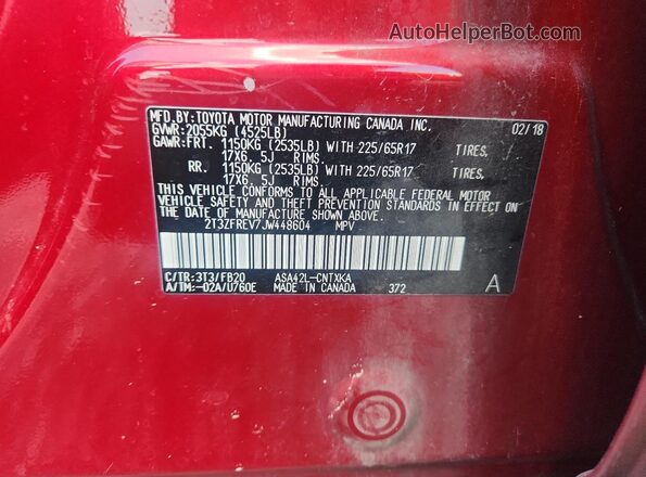 2T3ZFREV7JW448604 2018 TOYOTA RAV4 Red VIN კოდის სტიკერის ხედი