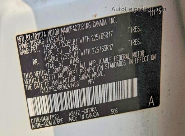 2T3ZFREV8GW241468 2016 TOYOTA RAV4 White Vista del compartimento del motor