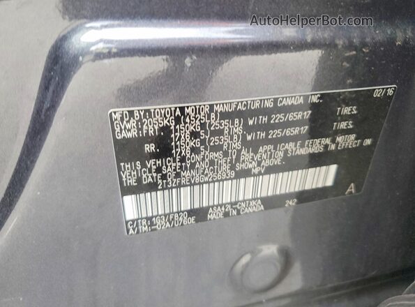 2T3ZFREV8GW256939 2016 TOYOTA RAV4 Gray VIN sticker view