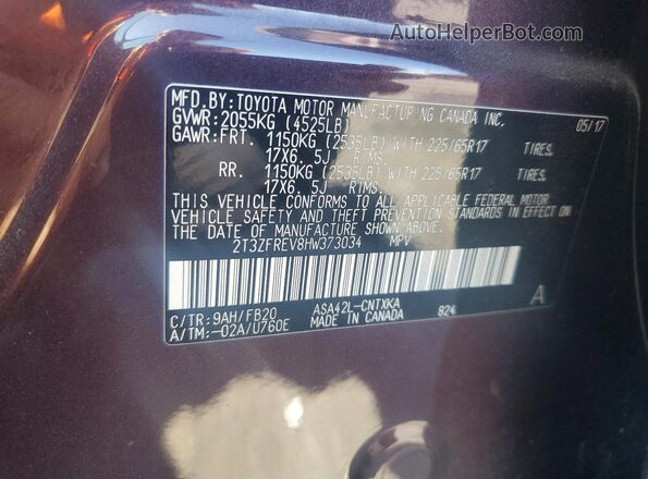 2T3ZFREV8HW373034 2017 TOYOTA RAV4 Purple Вид підкапотного простору