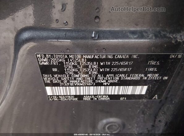 2T3ZFREV9GW274673 2016 TOYOTA RAV4 Gray Widok komory silnika