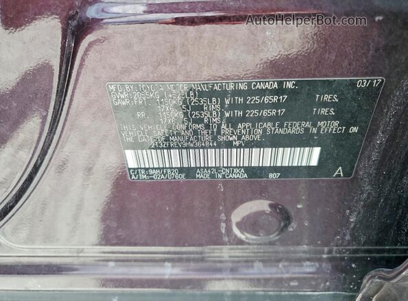2T3ZFREV9HW364844 2017 TOYOTA RAV4 Purple Вид наклейки з VIN-кодом