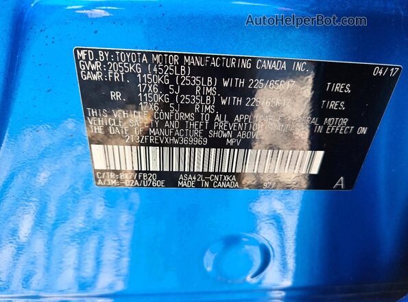 2T3ZFREVXHW369969 2017 TOYOTA RAV4 Blue Vista interior de 360 grados