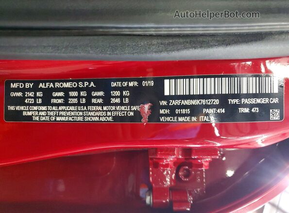 ZARFANBN6K7612720 2019 ALFA ROMEO GIULIA Maroon Вид наклейки з VIN-кодом