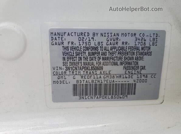 3N1CN7AP0KL850609 2019 NISSAN VERSA White Vista de la etiqueta del VIN