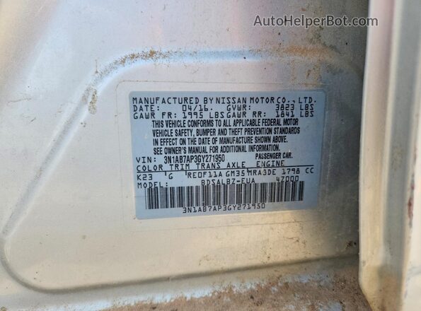 3N1AB7AP3GY271950 2016 NISSAN SENTRA Серебряный Вид наклейки с VIN-кодом