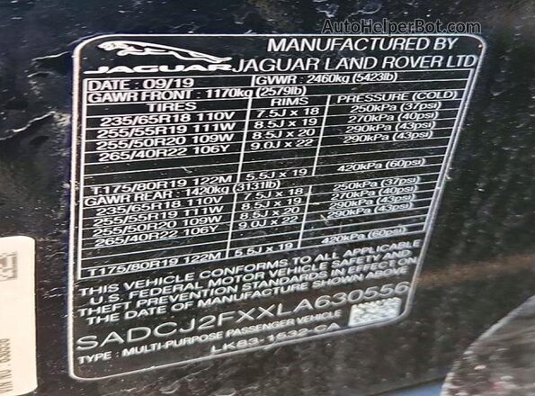 SADCJ2FXXLA630556 2020 JAGUAR F-PACE Black Панорамний вид салону 360°