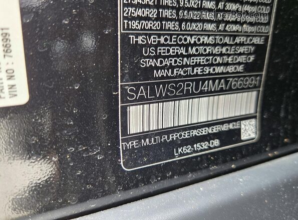 SALWS2RU4MA766991 2021 LAND ROVER RANGE Black Vista interior trasera