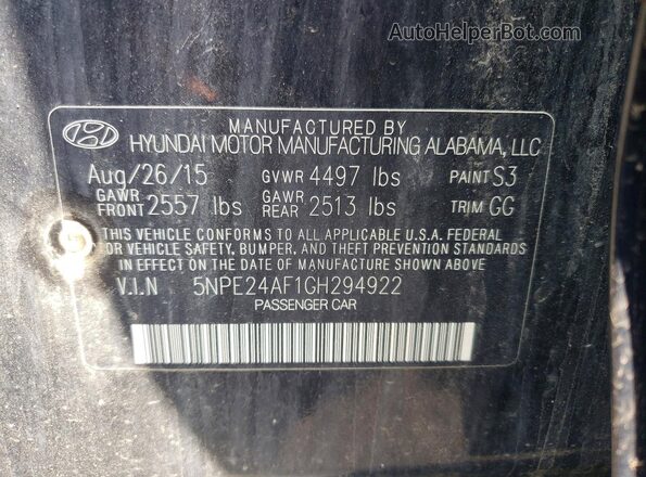 5NPE24AF1GH294922 2016 HYUNDAI SONATA Black Vista de la etiqueta del VIN