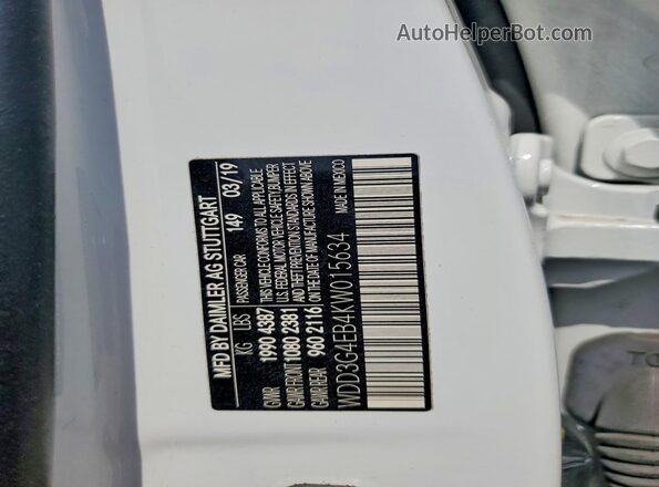 WDD3G4EB4KW015634 2019 MERCEDES-BENZ A White Widok naklejki z numerem VIN