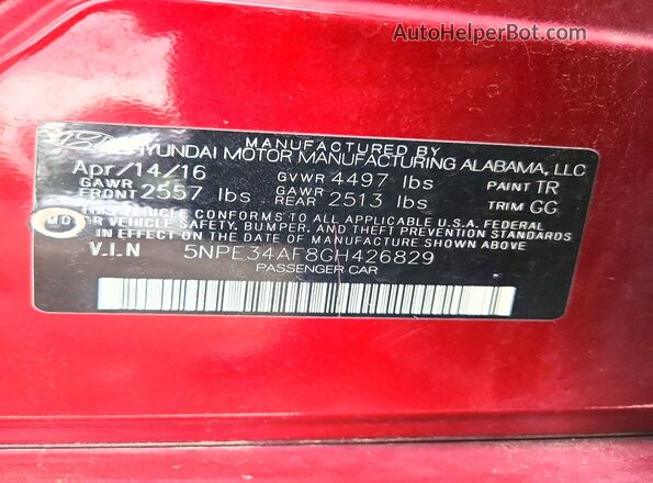 5NPE34AF8GH426829 2016 HYUNDAI SONATA Красный Вид наклейки с VIN-кодом