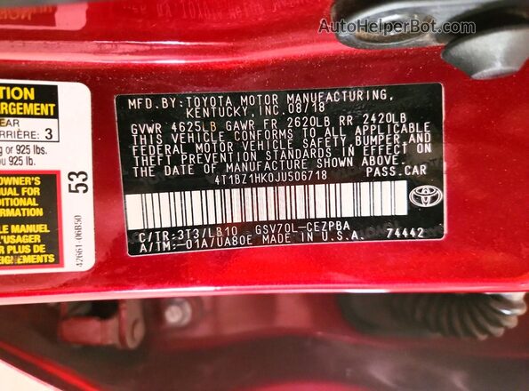 4T1BZ1HK0JU506718 2018 TOYOTA CAMRY Red Widok naklejki z numerem VIN