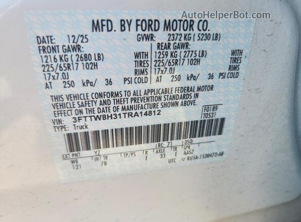 3FTTW8H31TRA14812 2026 FORD MAVERICK White VIN sticker view