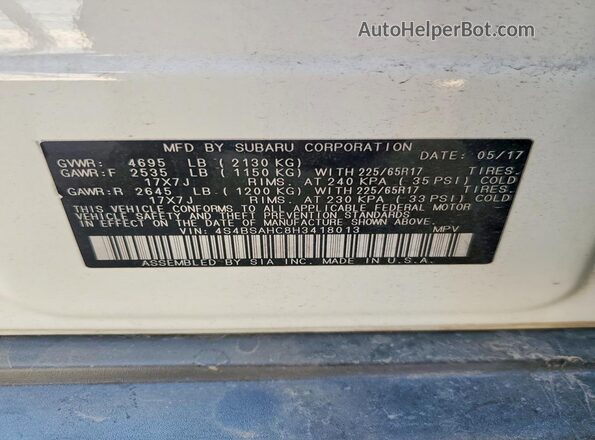 4S4BSAHC8H3418013 2017 SUBARU OUTBACK White Widok wnętrza 360 stopni