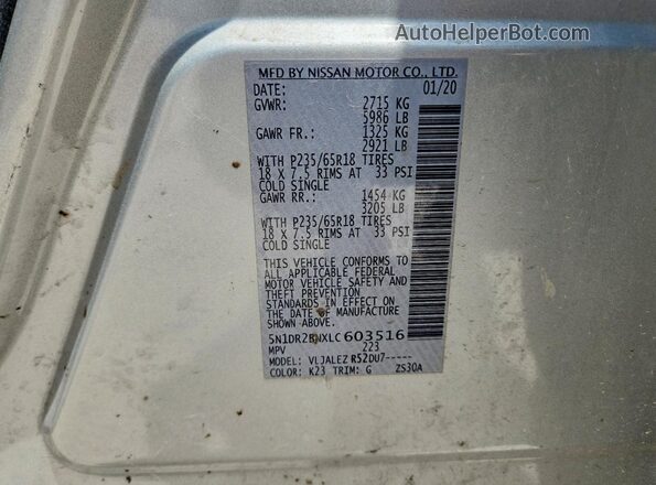 5N1DR2BNXLC603516 2020 NISSAN PATHFINDER Silver Widok naklejki z numerem VIN