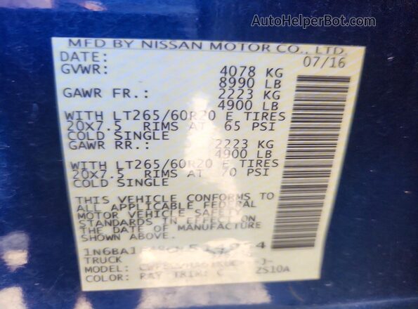 1N6BA1F48GN514954 2016 NISSAN TITAN Синий Вид наклейки с VIN-кодом