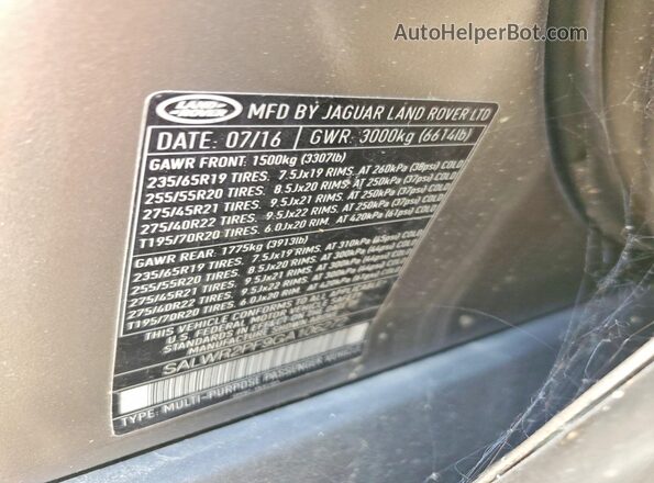 SALWR2PF9GA106272 2016 LAND ROVER RANGE Желто-коричневый Вид наклейки с VIN-кодом