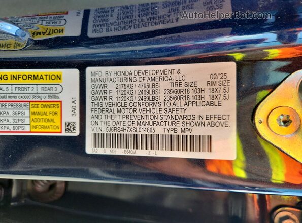 5J6RS4H7XSL014865 2025 HONDA CR-V Синий Вид наклейки с VIN-кодом