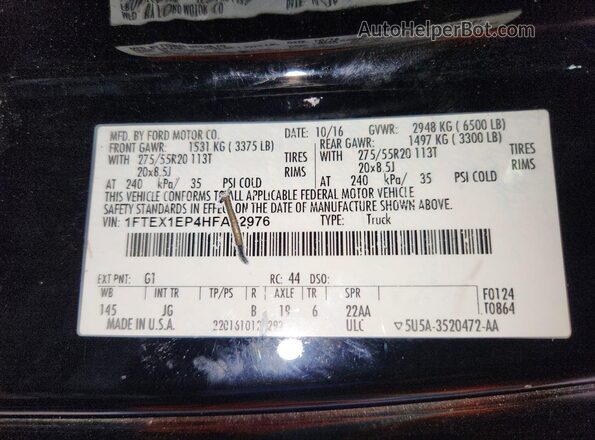 1FTEX1EP4HFA22976 2017 FORD F150 Черный Вид наклейки с VIN-кодом