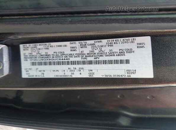 1FMCU9GX9GUC64440 2016 FORD ESCAPE Gray Widok wnętrza 360 stopni