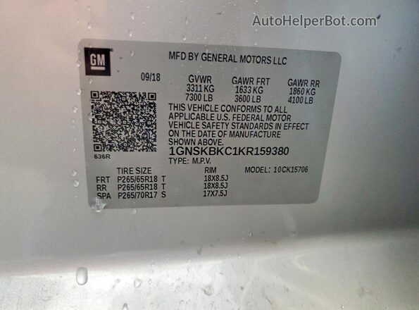 1GNSKBKC1KR159380 2019 CHEVROLET TAHOE Silver 360 interior view