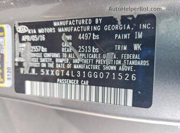 5XXGT4L31GG071526 2016 KIA OPTIMA Gray Widok naklejki z numerem VIN