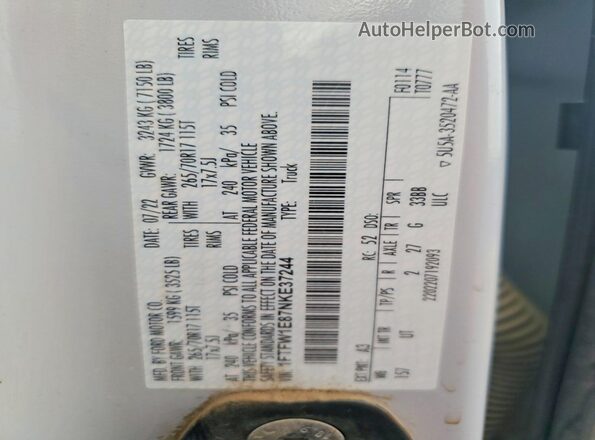 1FTFW1E87NKE37244 2022 FORD F150 White Vista de la etiqueta del VIN